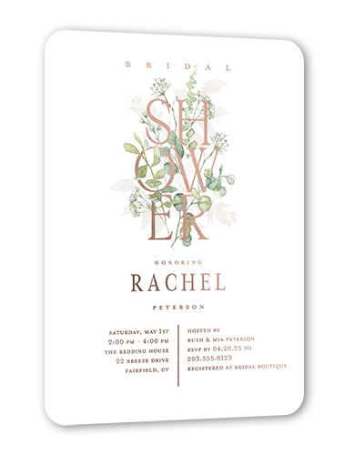 Stacked Shower Bridal Shower Invitation, White, Rose Gold Foil, 5x7, Matte, Personalized Foil Cardstock, Rounded