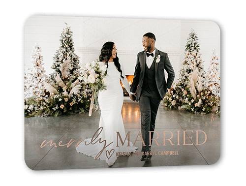 Merrily Wedded Holiday Card, Black, Rose Gold Foil, 5x7, Holiday, Matte, Personalized Foil Cardstock, Rounded, Black