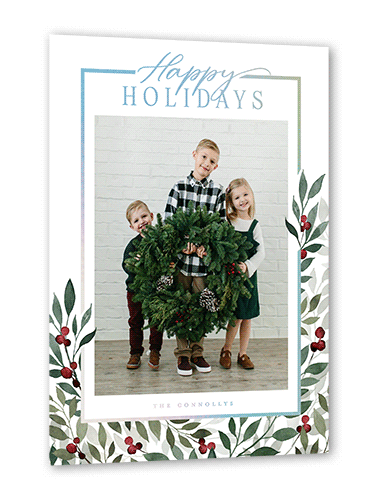 Beaming Berries Holiday Card, Iridescent Foil, White, 5x7, Holiday, Matte, Personalized Foil Cardstock, Square, White