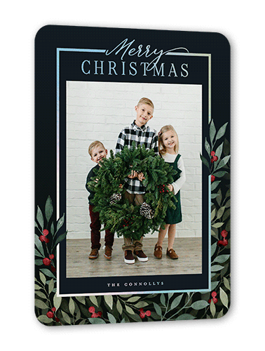 Beaming Berries Holiday Card, Black, Iridescent Foil, 5x7, Christmas, Matte, Personalized Foil Cardstock, Rounded