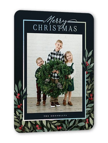 Beaming Berries Holiday Card, Iridescent Foil, Black, 5x7, Christmas, Matte, Personalized Foil Cardstock, Rounded