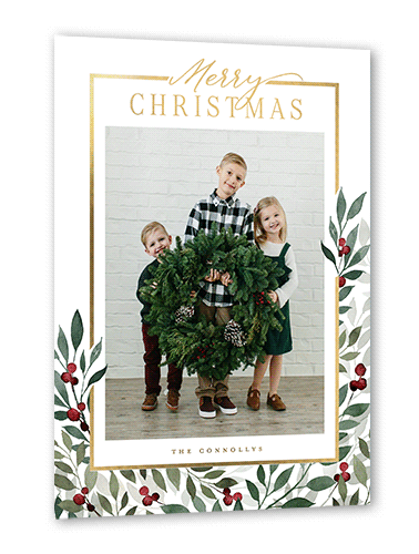 Beaming Berries Holiday Card, White, Gold Foil, 5x7, Christmas, Matte, Personalized Foil Cardstock, Square