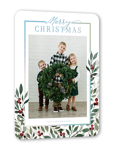 Beaming Berries Holiday Card, White, Iridescent Foil, 5x7, Christmas, Matte, Personalized Foil Cardstock, Rounded, White