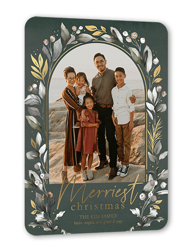 Glistening Greenery Holiday Card, Green, Gold Foil, 5x7, Christmas, Matte, Personalized Foil Cardstock, Rounded