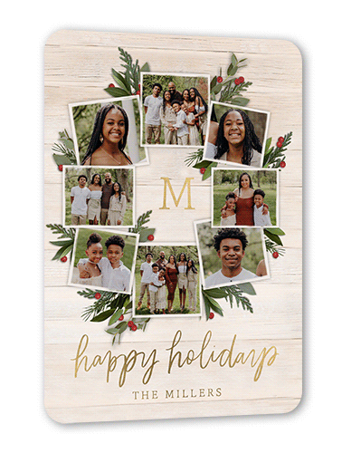 Photo Wreath Holiday Card, Gold Foil, Beige, 5x7, Holiday, Matte, Personalized Foil Cardstock, Rounded, Antique White
