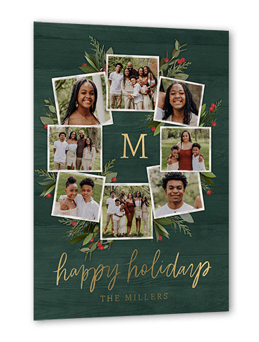 Photo Wreath Holiday Card, Gold Foil, Green, 5x7, Holiday, Matte, Personalized Foil Cardstock, Square, White