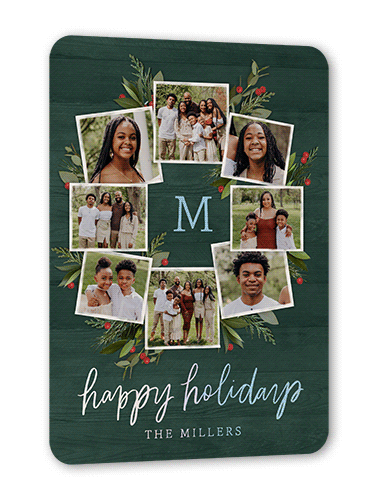 Photo Wreath Holiday Card, Iridescent Foil, Green, 5x7, Holiday, Matte, Personalized Foil Cardstock, Rounded, Forest