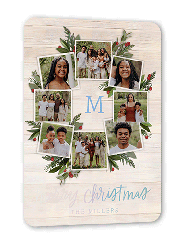 Photo Wreath Holiday Card, Iridescent Foil, Beige, 5x7, Christmas, Matte, Personalized Foil Cardstock, Rounded, Antique White