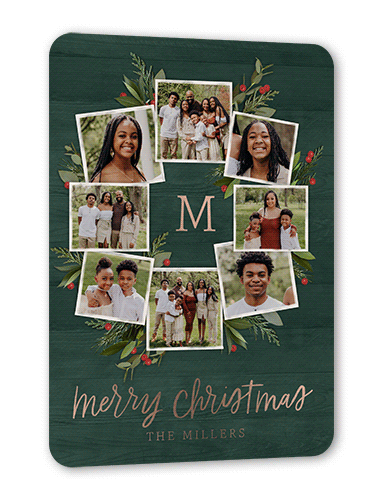 Photo Wreath Holiday Card, Rose Gold Foil, Green, 5x7, Christmas, Matte, Personalized Foil Cardstock, Rounded, Forest