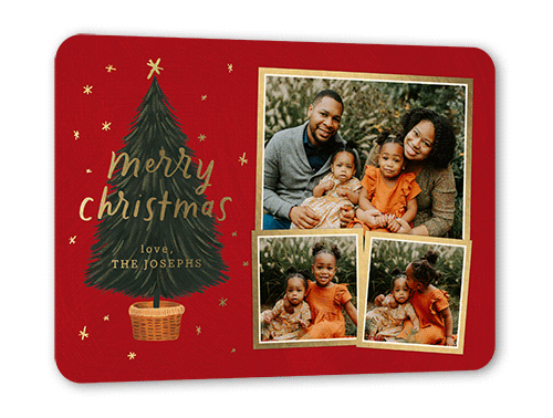 Polished Tree Holiday Card, Gold Foil, Red, 5x7, Christmas, Matte, Personalized Foil Cardstock, Rounded, Cherry