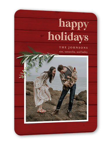 Hint of Rosemary Holiday Card, Rose Gold Foil, Red, 5x7, Holiday, Matte, Personalized Foil Cardstock, Rounded