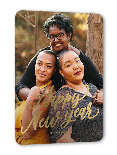 Playful Script Holiday Card, White, Gold Foil, 5x7, New Year, Matte, Personalized Foil Cardstock, Rounded