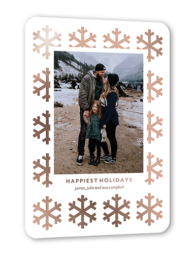 Flashy Snowflakes Holiday Card, Rose Gold Foil, White, 5x7, Holiday, Matte, Personalized Foil Cardstock, Rounded