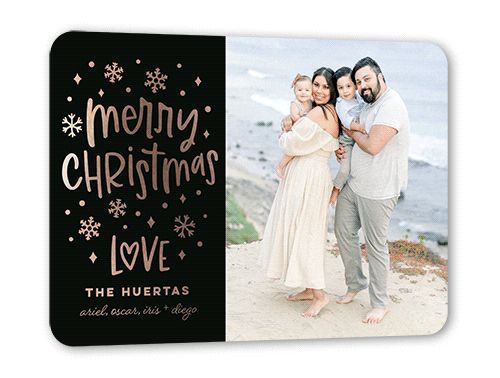 Snowy Affection Holiday Card, Black, Rose Gold Foil, 5x7, Christmas, Matte, Personalized Foil Cardstock, Rounded