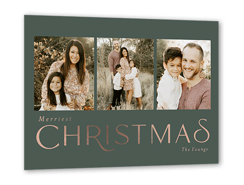 Simple Flair Holiday Card, Rose Gold Foil, Green, 5x7, Christmas, Matte, Personalized Foil Cardstock, Square, White