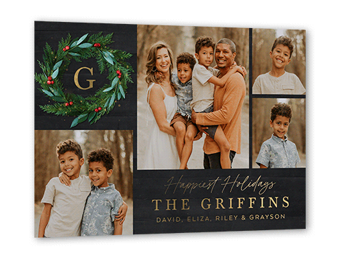 Rustic Holly Wreath Holiday Card, Black, Gold Foil, 5x7, Holiday, Matte, Personalized Foil Cardstock, Square