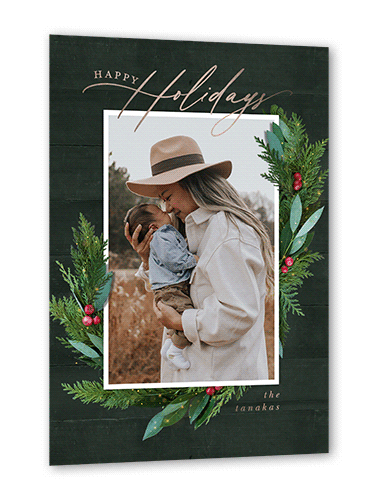 Fancy Holly Frame Holiday Card, Green, Rose Gold Foil, 5x7, Holiday, Matte, Personalized Foil Cardstock, Square