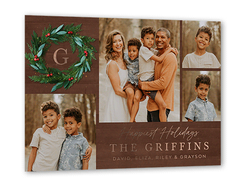 Rustic Holly Wreath Holiday Card, Rose Gold Foil, Brown, 5x7, Holiday, Matte, Personalized Foil Cardstock, Square