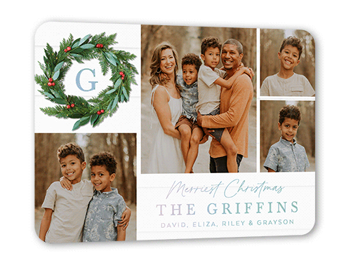 Rustic Holly Wreath Holiday Card, Iridescent Foil, White, 5x7, Christmas, Matte, Personalized Foil Cardstock, Rounded