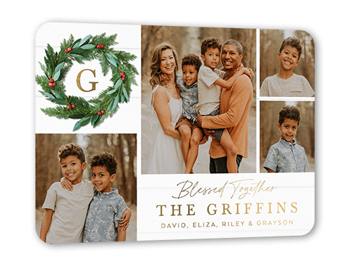 Rustic Holly Wreath Holiday Card, White, Gold Foil, 5x7, Religious, Matte, Personalized Foil Cardstock, Rounded