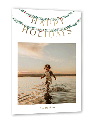 Garland Glint Holiday Card, White, Gold Foil, 5x7, Holiday, Matte, Personalized Foil Cardstock, Square, White