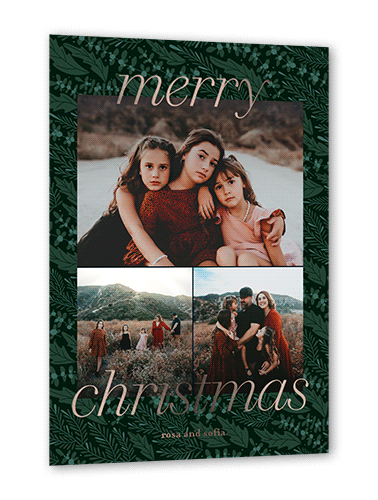 Twilight Holly Holiday Card, Green, Rose Gold Foil, 5x7, Christmas, Matte, Personalized Foil Cardstock, Square
