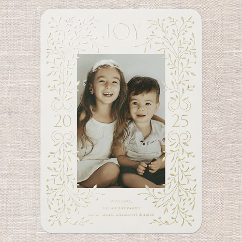 Foil Botanical Joy Holiday Card, Beige, Gold Foil, 5x7, Holiday, Matte, Personalized Foil Cardstock, Rounded, Antique White