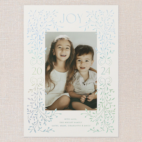 Foil Botanical Joy Holiday Card, Beige, Iridescent Foil, 5x7, Holiday, Matte, Personalized Foil Cardstock, Square