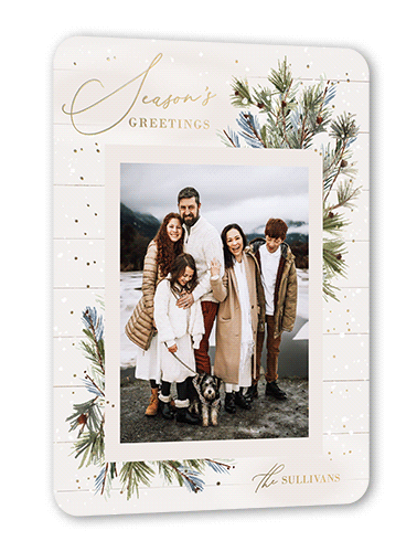 Foil Snow Frame Holiday Card, White, Gold Foil, 5x7, Holiday, Matte, Personalized Foil Cardstock, Rounded