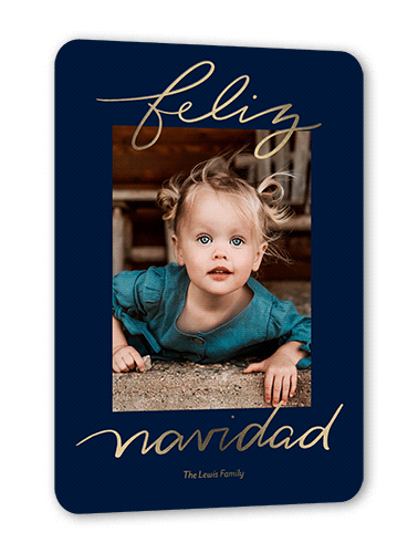 Foil Greetings Holiday Card, Gold Foil, Blue, 5x7, Feliz Navidad, Matte, Personalized Foil Cardstock, Rounded