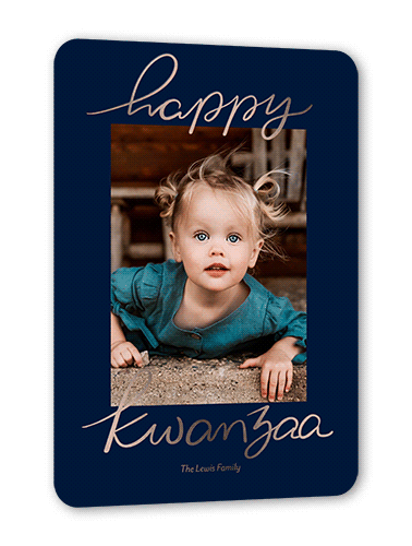 Foil Greetings Holiday Card, Rose Gold Foil, Blue, 5x7, Kwanzaa, Matte, Personalized Foil Cardstock, Rounded, Navy