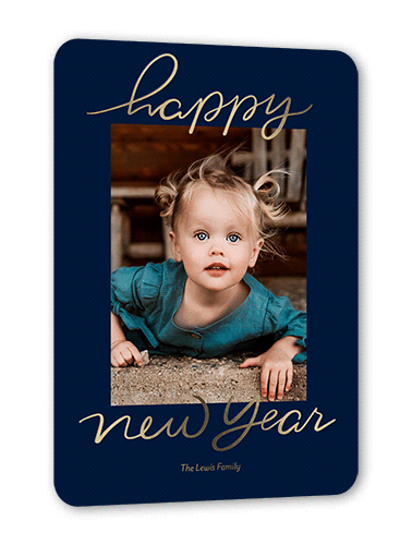 Foil Greetings Holiday Card, Gold Foil, Blue, 5x7, New Year, Matte, Personalized Foil Cardstock, Rounded, Navy