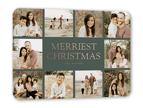 Editable Merriest Sentiment Holiday Card, Rose Gold Foil, Green, 5x7, Christmas, Matte, Personalized Foil Cardstock, Rounded