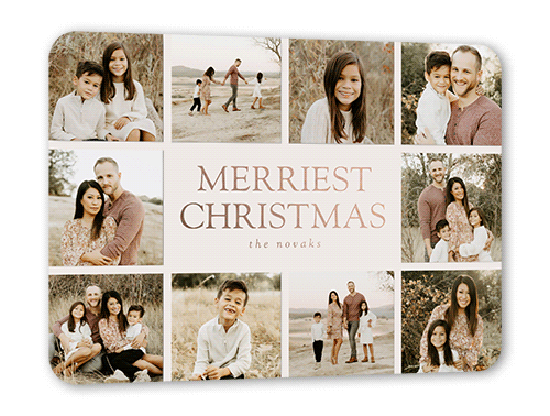Editable Merriest Sentiment Holiday Card, Rose Gold Foil, Beige, 5x7, Christmas, Matte, Personalized Foil Cardstock, Rounded