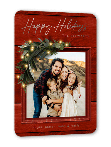 Rustic Foil Wreath Holiday Card, Red, Rose Gold Foil, 5x7, Holiday, Matte, Personalized Foil Cardstock, Rounded