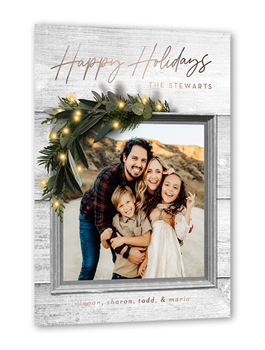 Rustic Foil Wreath Holiday Card, White, Rose Gold Foil, 5x7, Holiday, Matte, Personalized Foil Cardstock, Square