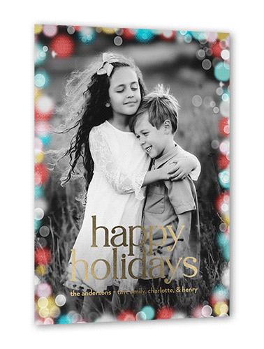 Confetti Bokeh Holiday Card, Red, Gold Foil, 5x7, Holiday, Matte, Personalized Foil Cardstock, Square, Bright Coral