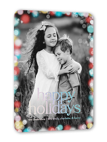 Confetti Bokeh Holiday Card, Red, Iridescent Foil, 5x7, Holiday, Matte, Personalized Foil Cardstock, Rounded