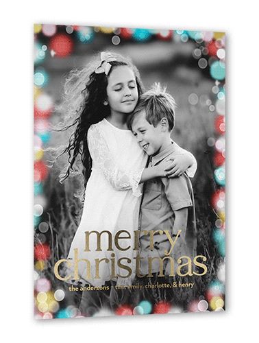 Confetti Bokeh Holiday Card, Red, Gold Foil, 5x7, Christmas, Matte, Personalized Foil Cardstock, Square, Bright Coral