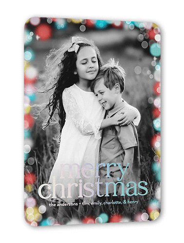 Confetti Bokeh Holiday Card, Red, Iridescent Foil, 5x7, Christmas, Matte, Personalized Foil Cardstock, Rounded