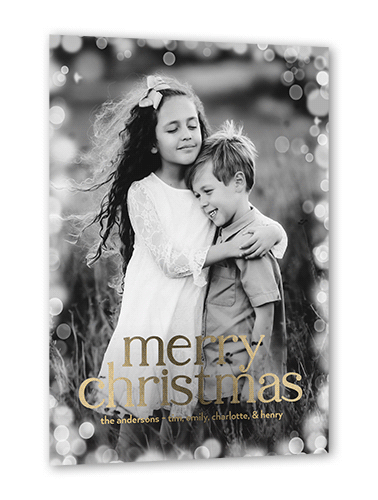 Confetti Bokeh Holiday Card, White, Gold Foil, 5x7, Christmas, Matte, Personalized Foil Cardstock, Square
