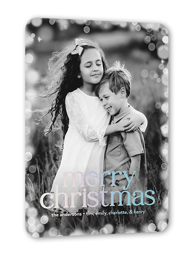 Confetti Bokeh Holiday Card, White, Iridescent Foil, 5x7, Christmas, Matte, Personalized Foil Cardstock, Rounded, White