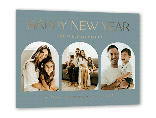 Modern Arches Holiday Card, Blue, Gold Foil, 5x7, New Year, Matte, Personalized Foil Cardstock, Square