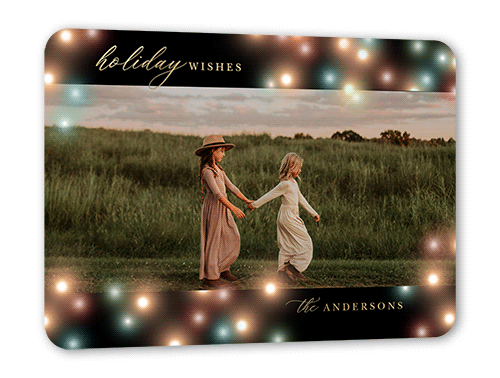 Colorful Bokeh Border Holiday Card, Black, Gold Foil, 5x7, Holiday, Matte, Personalized Foil Cardstock, Rounded