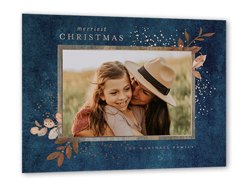 Foliage Corner Frame Holiday Card, Rose Gold Foil, Blue, 5x7, Christmas, Matte, Personalized Foil Cardstock, Square