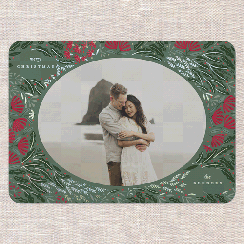 Camellia Adornment Holiday Digital Foil Card, Green, Iridescent Foil, 5x7, Christmas, Matte, Personalized Foil Cardstock, Rounded, Leafy