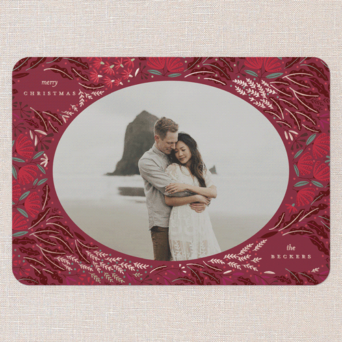 Camellia Adornment Holiday Digital Foil Card, Rose Gold Foil, Red, 5x7, Christmas, Matte, Personalized Foil Cardstock, Rounded, Red