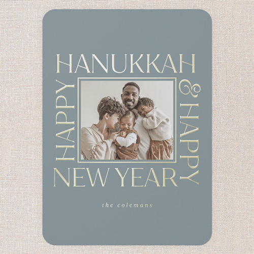 Twinkling Tidings Holiday Digital Foil Card, Gold Foil, Blue, 5x7, Hanukkah, Matte, Personalized Foil Cardstock, Rounded, Feather