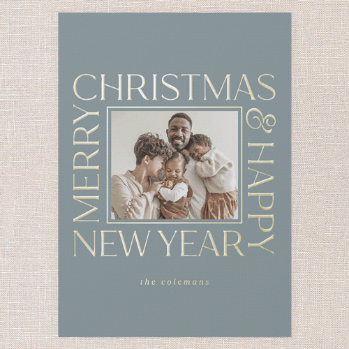 Twinkling Tidings Holiday Digital Foil Card, Blue, Gold Foil, 5x7, Christmas, Matte, Personalized Foil Cardstock, Square, Feather