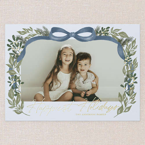 Joyful Ribbon Wishes Holiday Card, Blue, Gold Foil, 5x7, Holiday, Matte, Personalized Foil Cardstock, Square, Blue